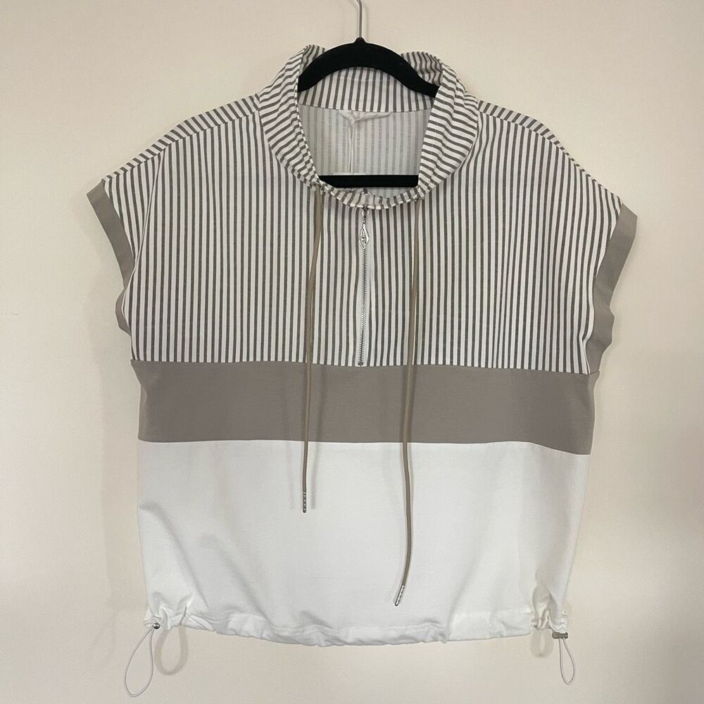 Women NWT Cotton Blend White Tan Top Adjustable Zip Sz L